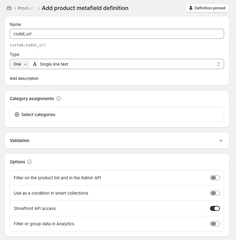 Add product metafield definition