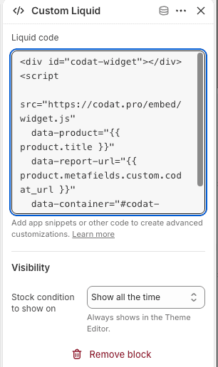 Shopify, Custom Liquid with the code pasted